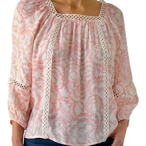 Sharagano Soft Pink and White Lace-Trim Peasant/BOHO Blouse ~PL ~